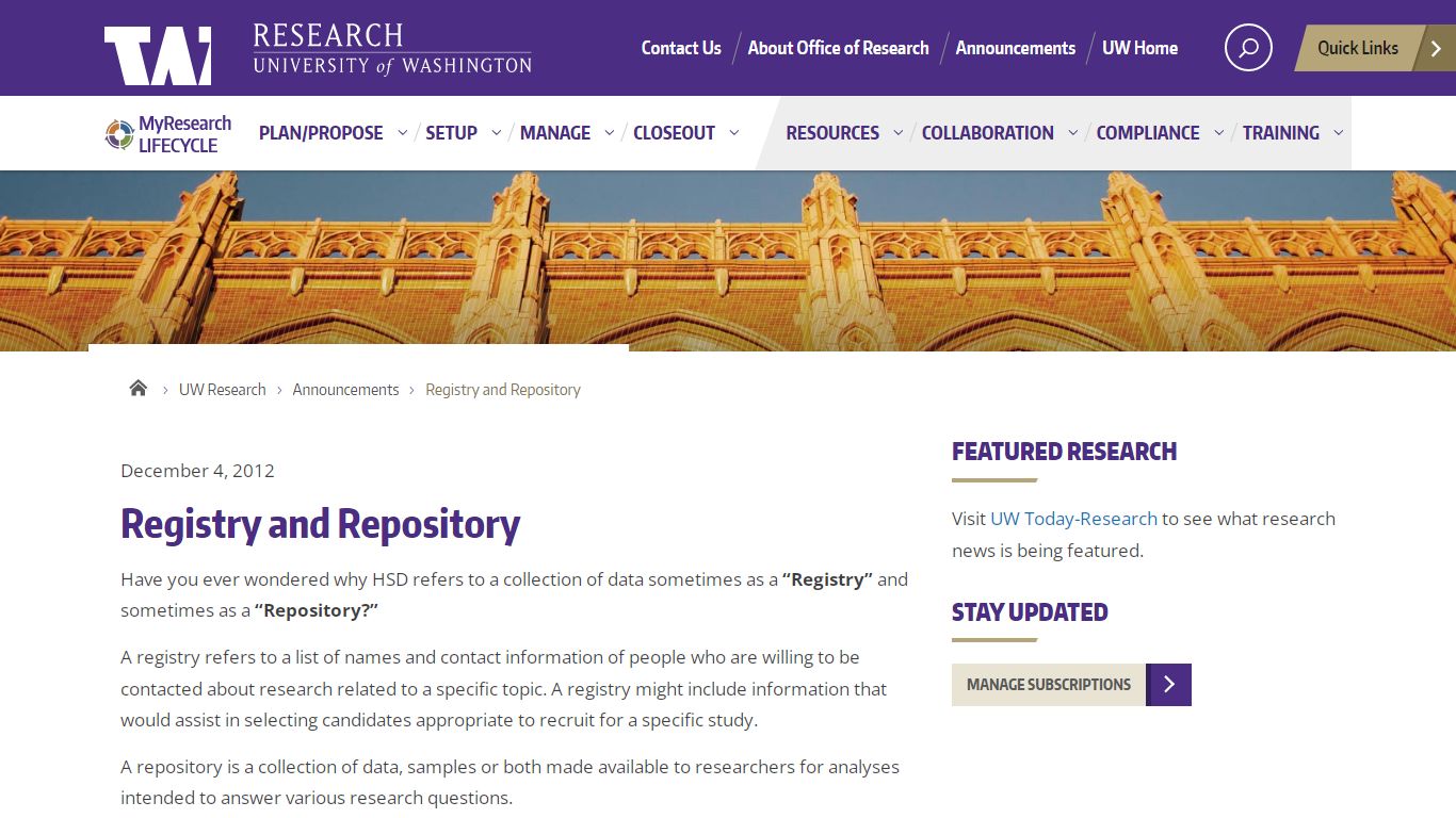 Registry and Repository - UW Research